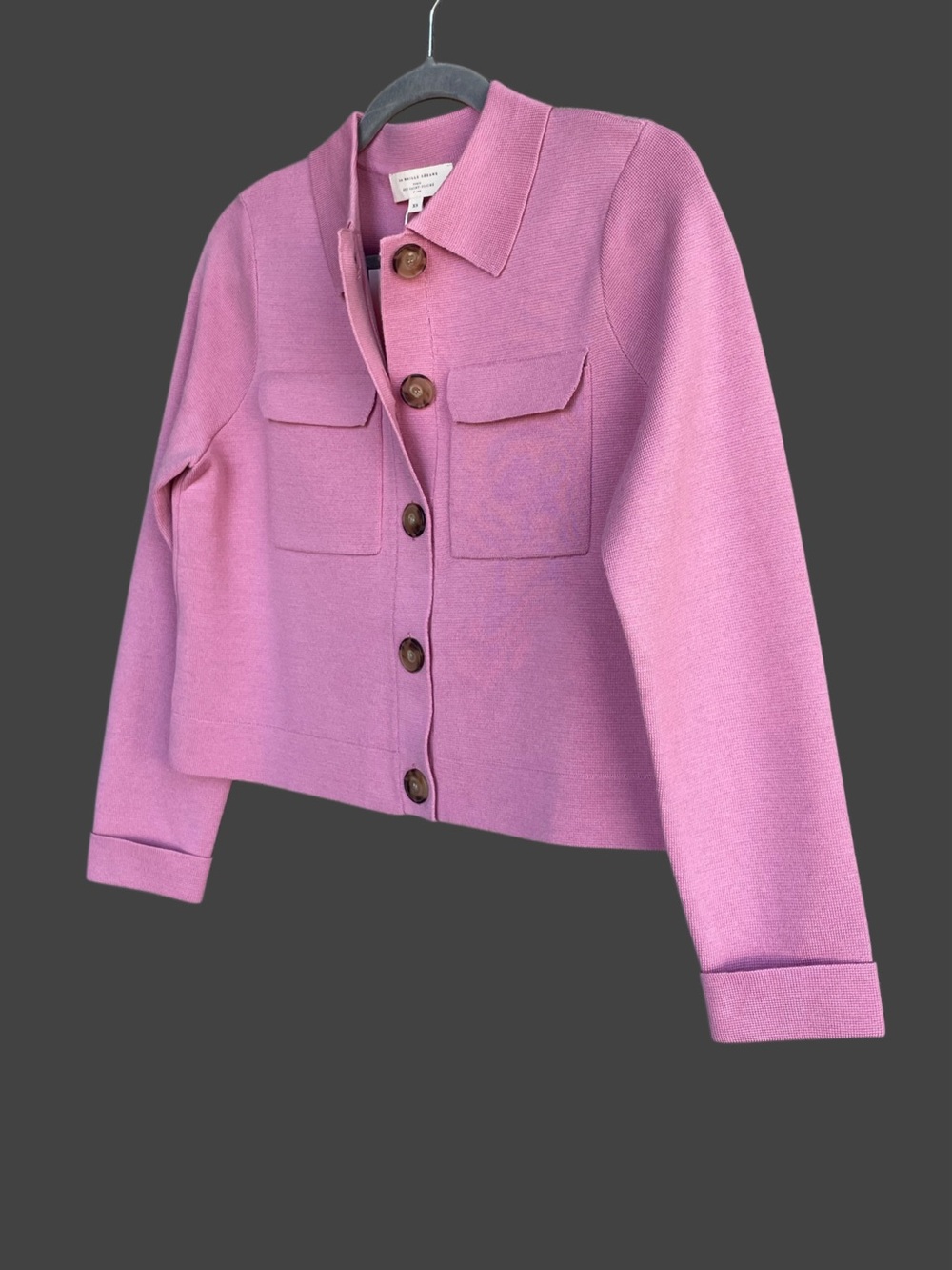 SEZANE NWT Rose Pink Fine Knit 100% Merino Wool Collared Betty Cardigan Sweater - Picture 2 of 14